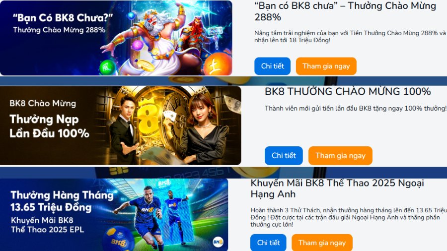 Các chương trình khuyến mãi khi nạp tiền BK8